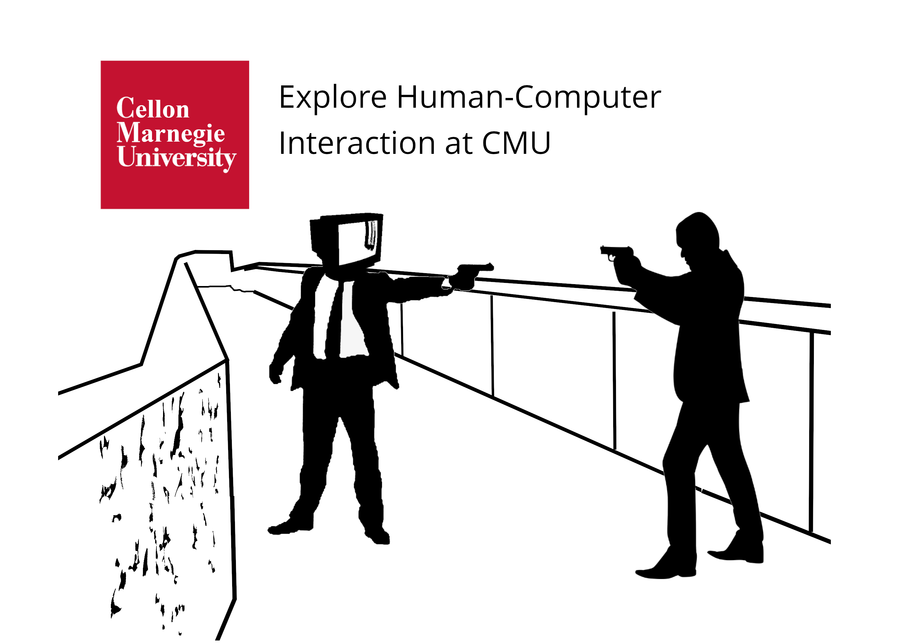 Silhouettes of a man with a CRT screen for a head and another man pointing guns at each other on Pausch bridge. It's captioned "explore Human-Computer Interaction at CMU."