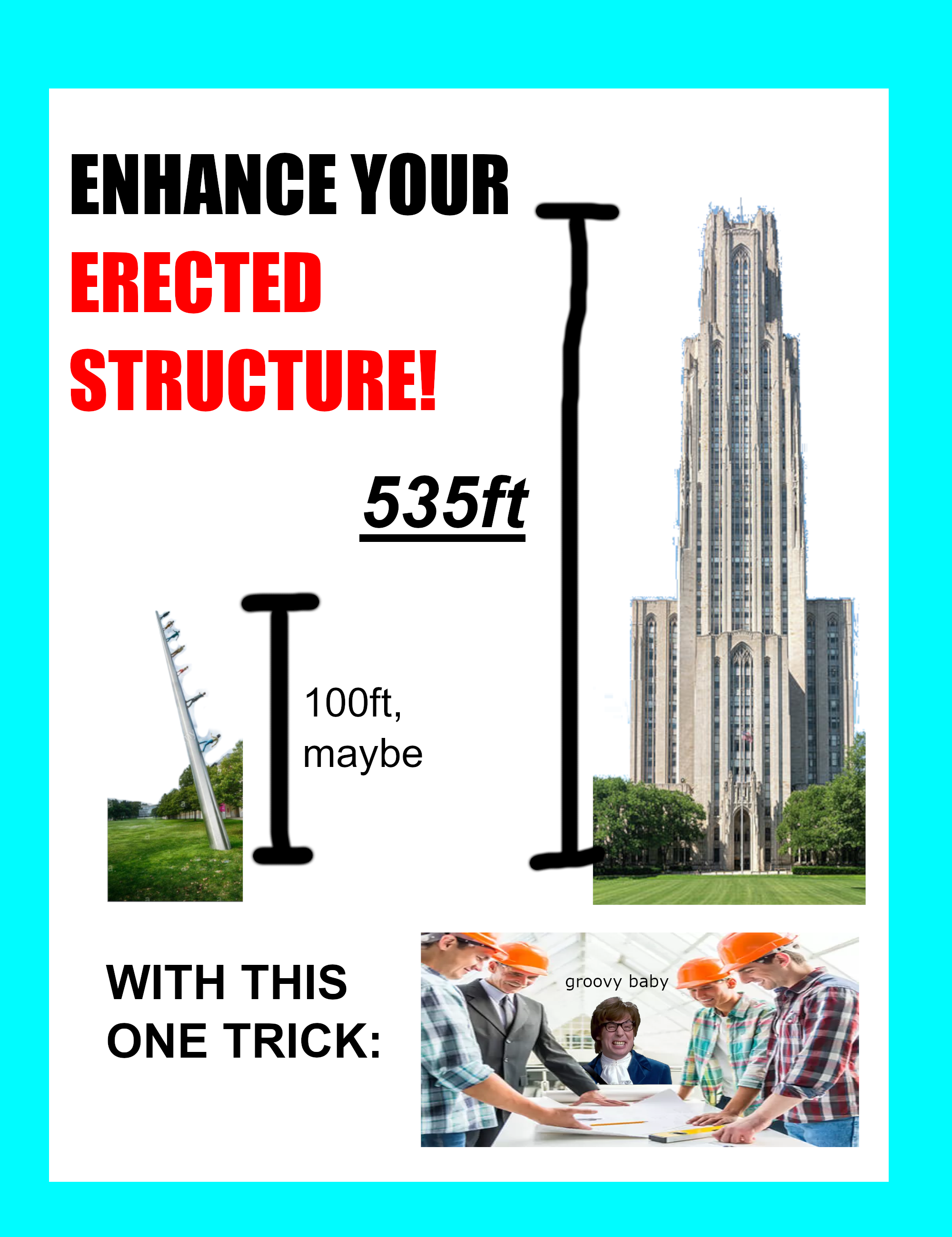 An ad promising to "enhance your erected with this one simple trick," next to photos of Walking to the Sky (100 ft., maybe) and the Cathedral of Learning (535 ft.).