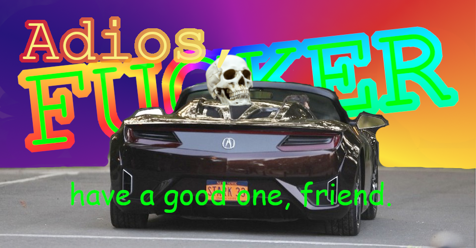 A skeleton in a sports car looking back at you. Neon text reads "Adios, fucker! Have a good one, friend."