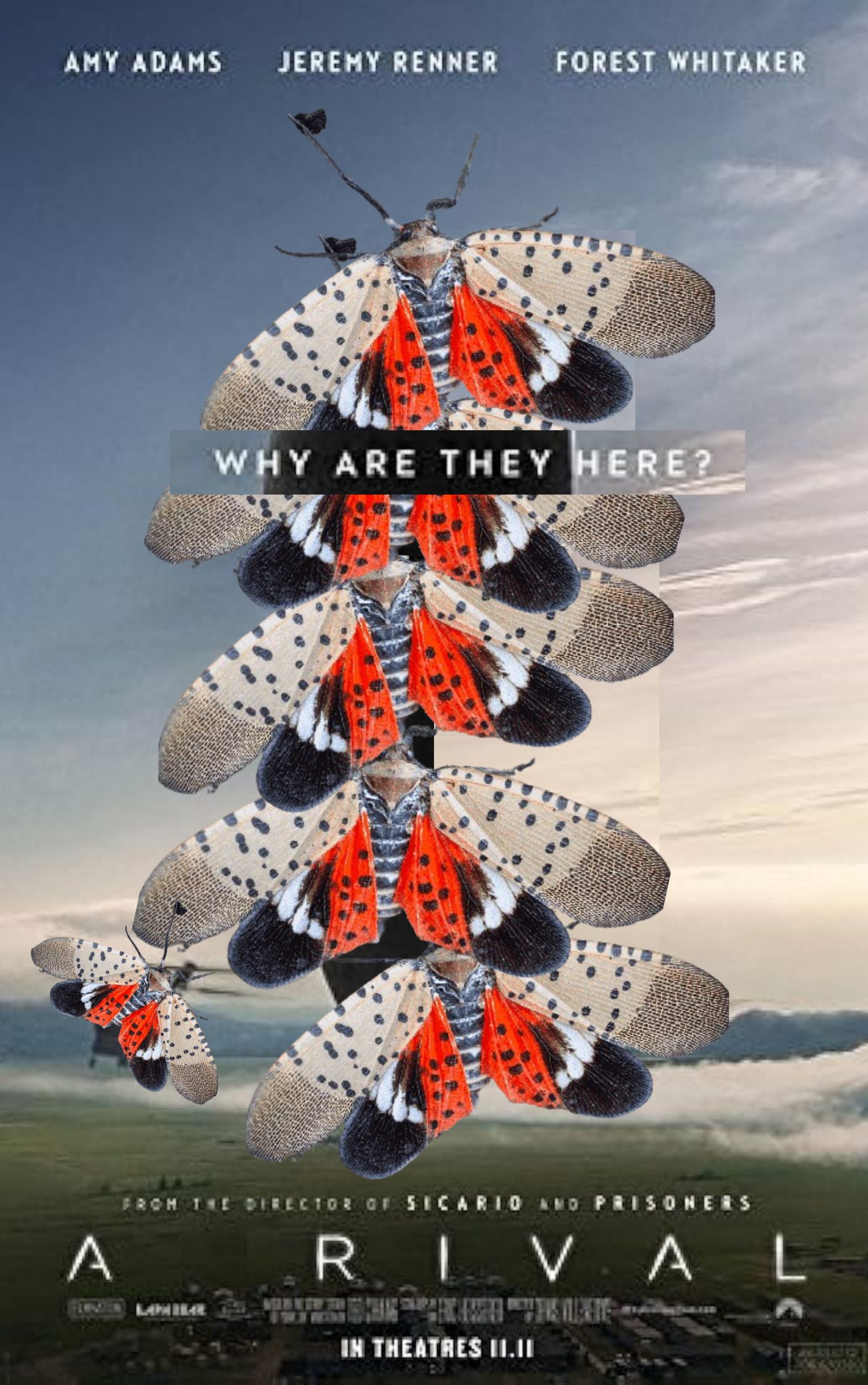 The "Arrival" movie poster edited to feature spotted lanternflies.