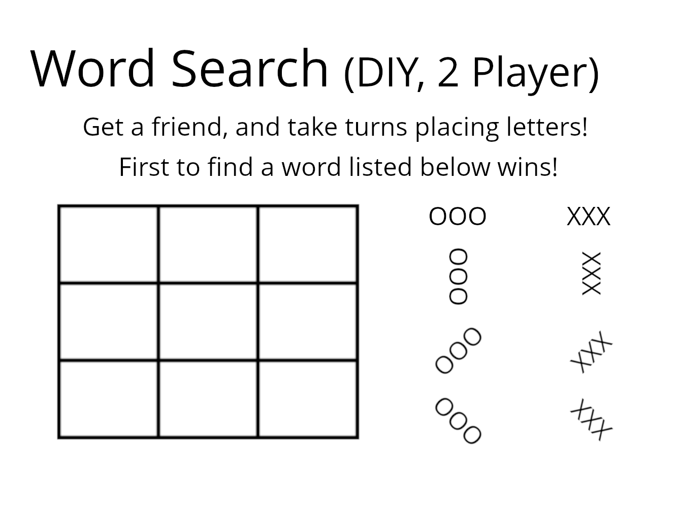 A "DIY 2-player word search" on a 3x3 grid with words including XXX and OOO.
