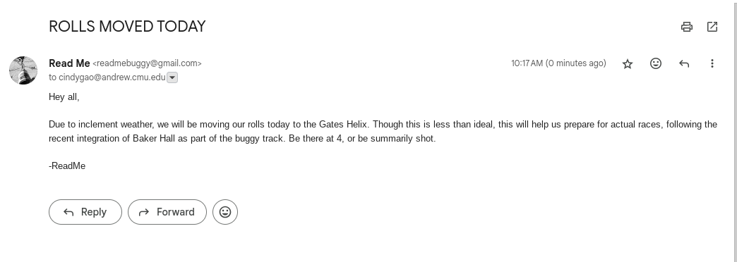 An email saying buggy rolls have moved to the Gates helix.