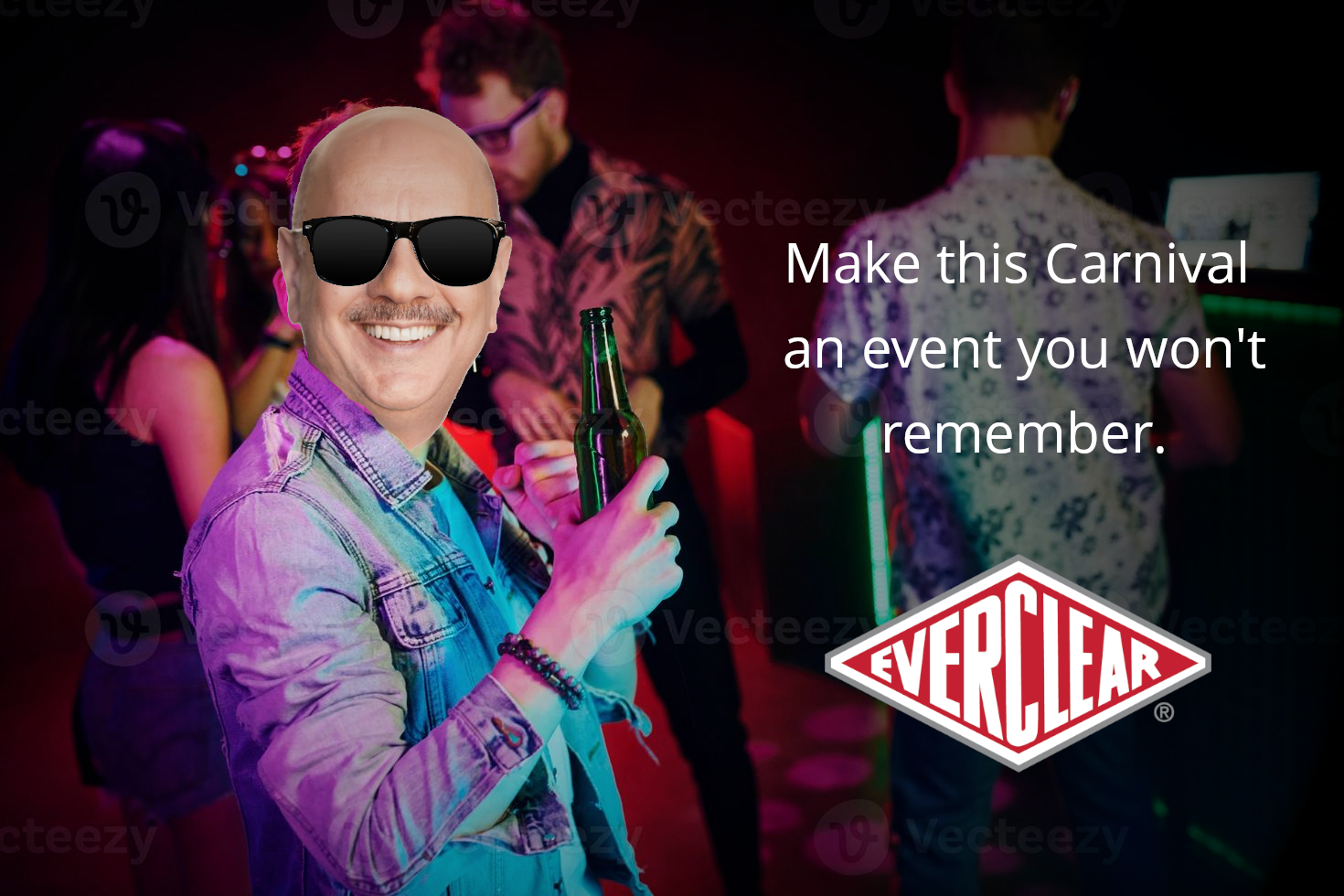 A picture of Farnam Jahanian in cool glasses drinking something from a bottle. It's captioned "make this Carnival an event you won't remember," followed by a logo saying "everclear."
