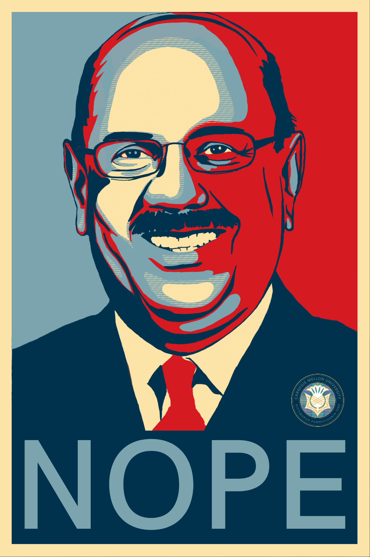 An Obama-style poster of Farnam Jahanian with a red, white, and blue image filter, with large block letters spelling "NOPE."