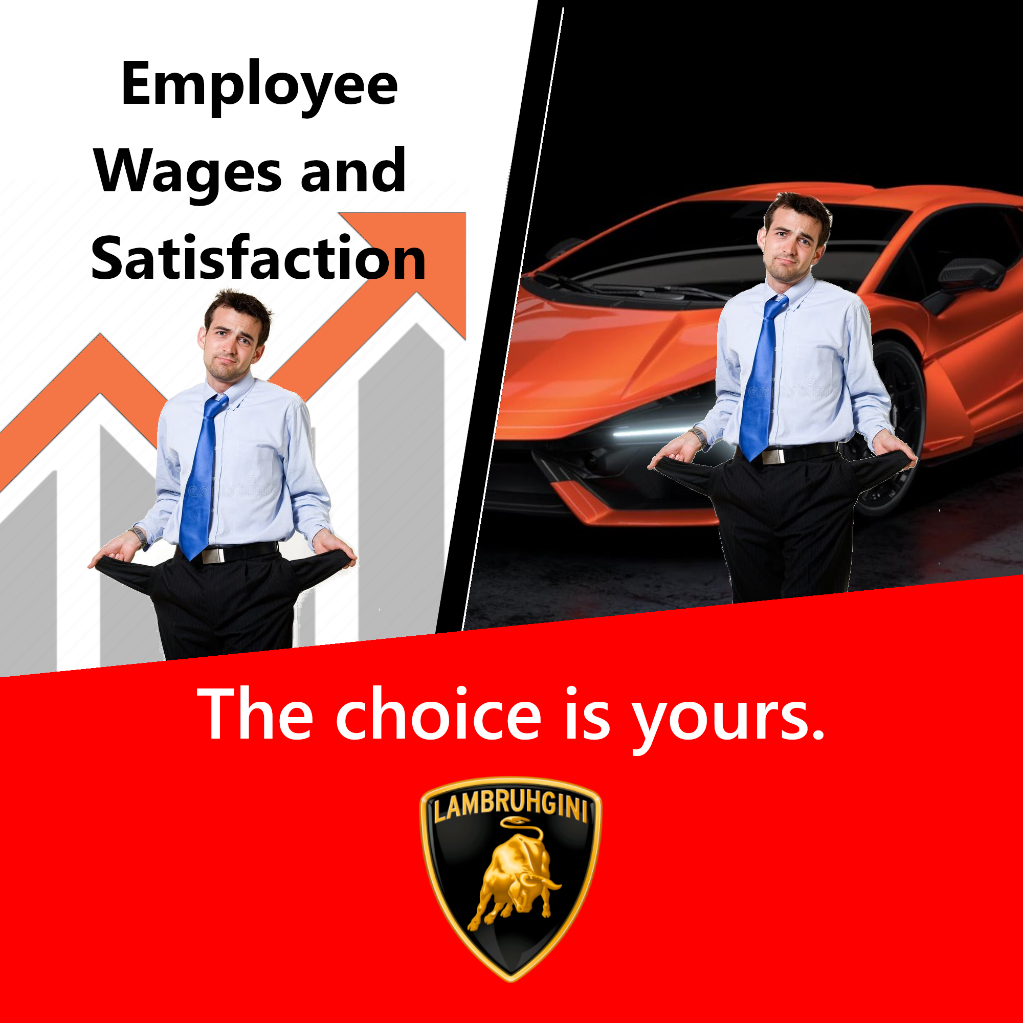 A Lamborghini ad showing a positive trend between employee wages and satisfaction next to a picture of an office worker in front of a Lamborghini. The bottom reads "the choice is yours."