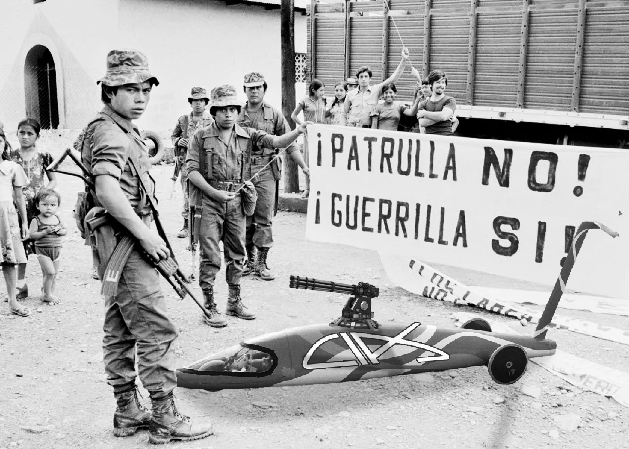 A CIA buggy with a turret on top fighting in a war in Guatemala