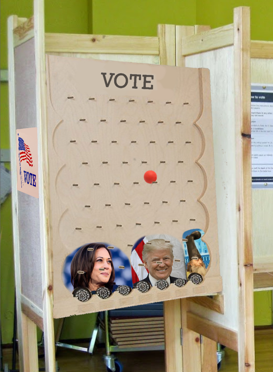 A plinko board in a voting machine box, with buckets at the bottom bearing images of Kamala Harris, Donald Trump, and Vermin Supreme.
