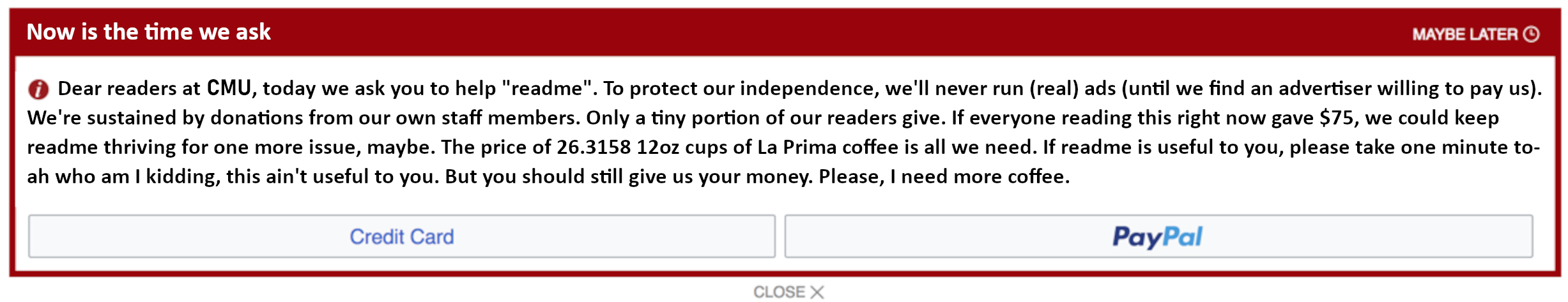 A Wikipedia-style donation banner, which descends into caffeine-withdrawal-fueled pleading.