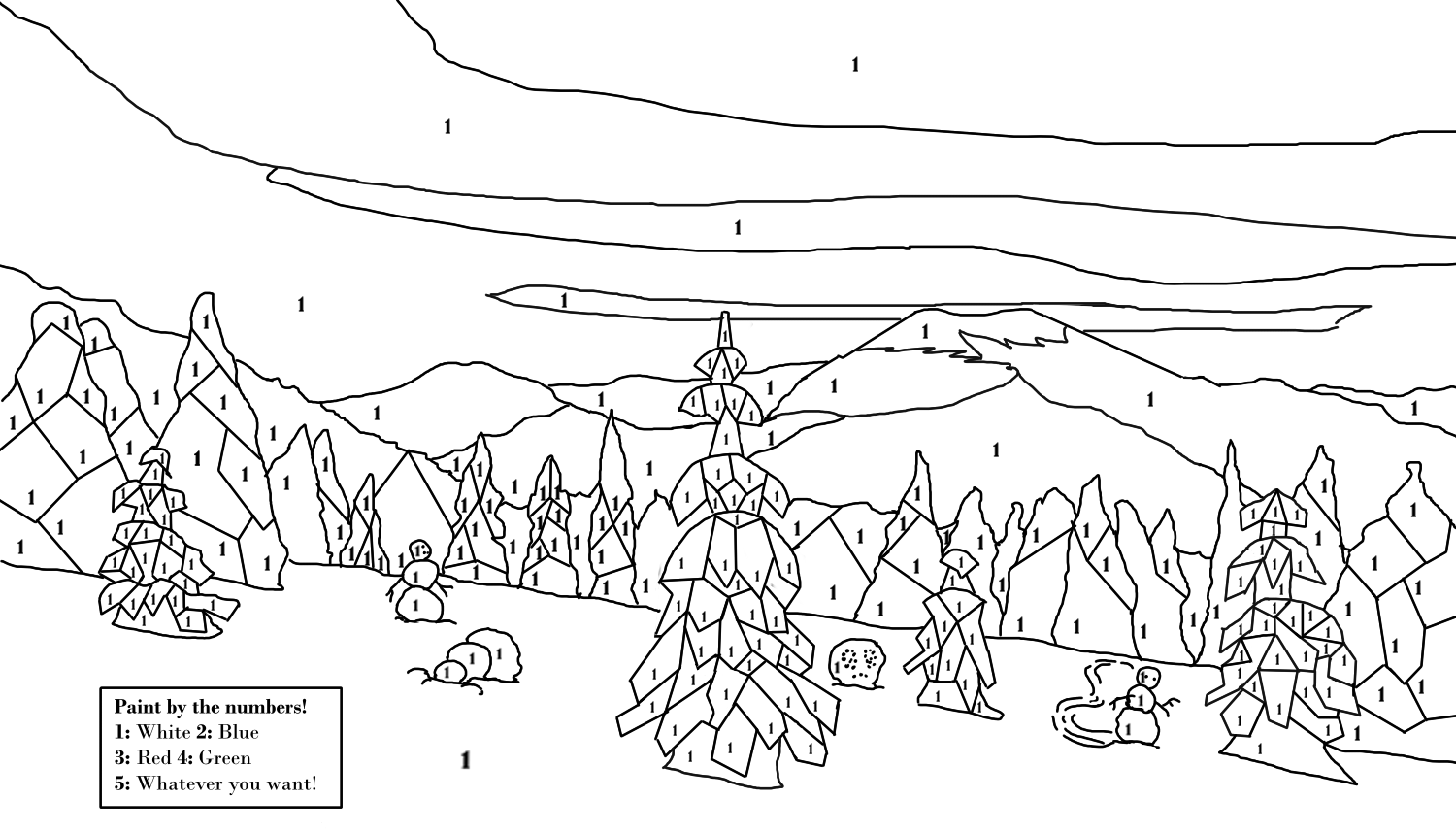 A color-by-numbers of a wintery scene, where every section is numbered 1 for white.