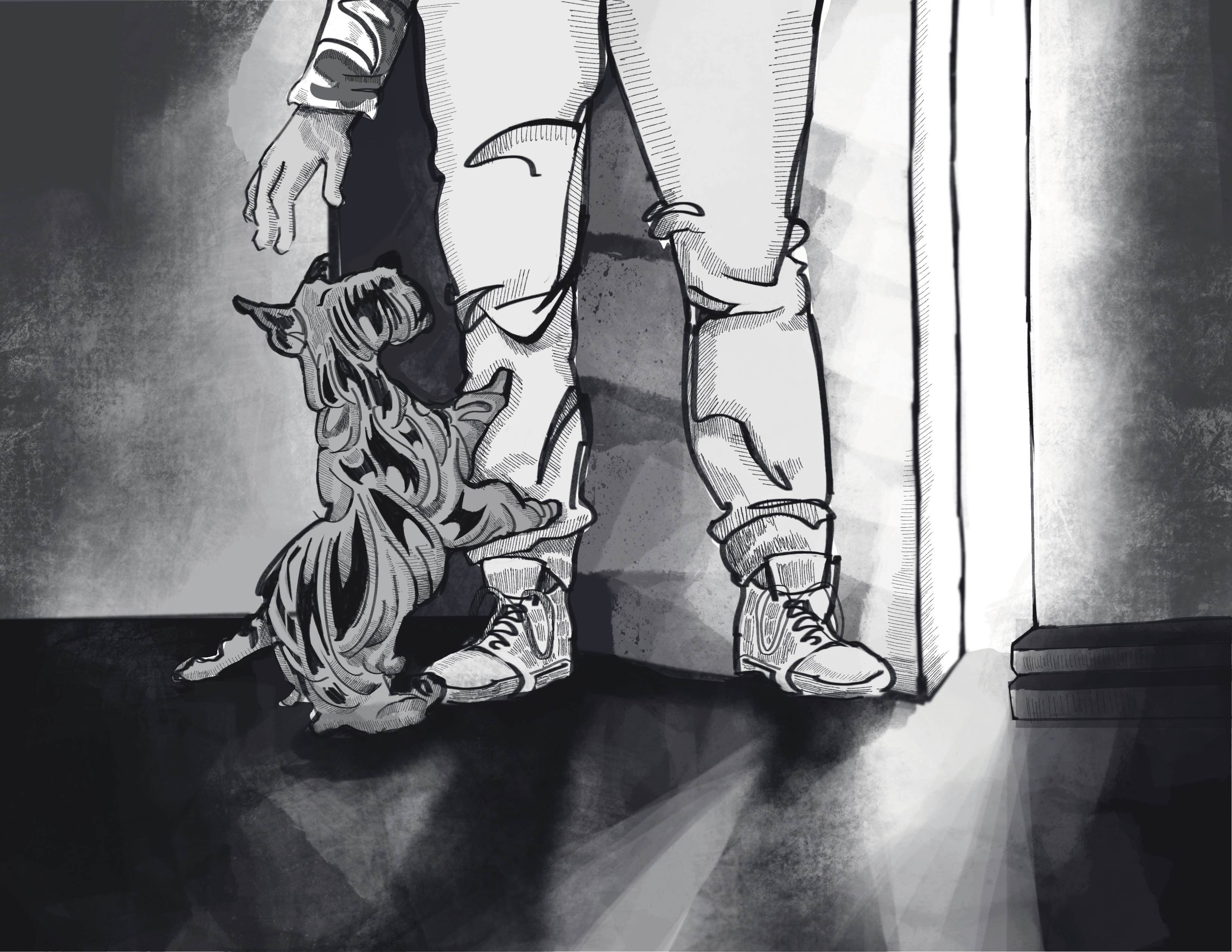 An illustration of a Scotty dog pawing at the legs of someone who's just entered through a door.