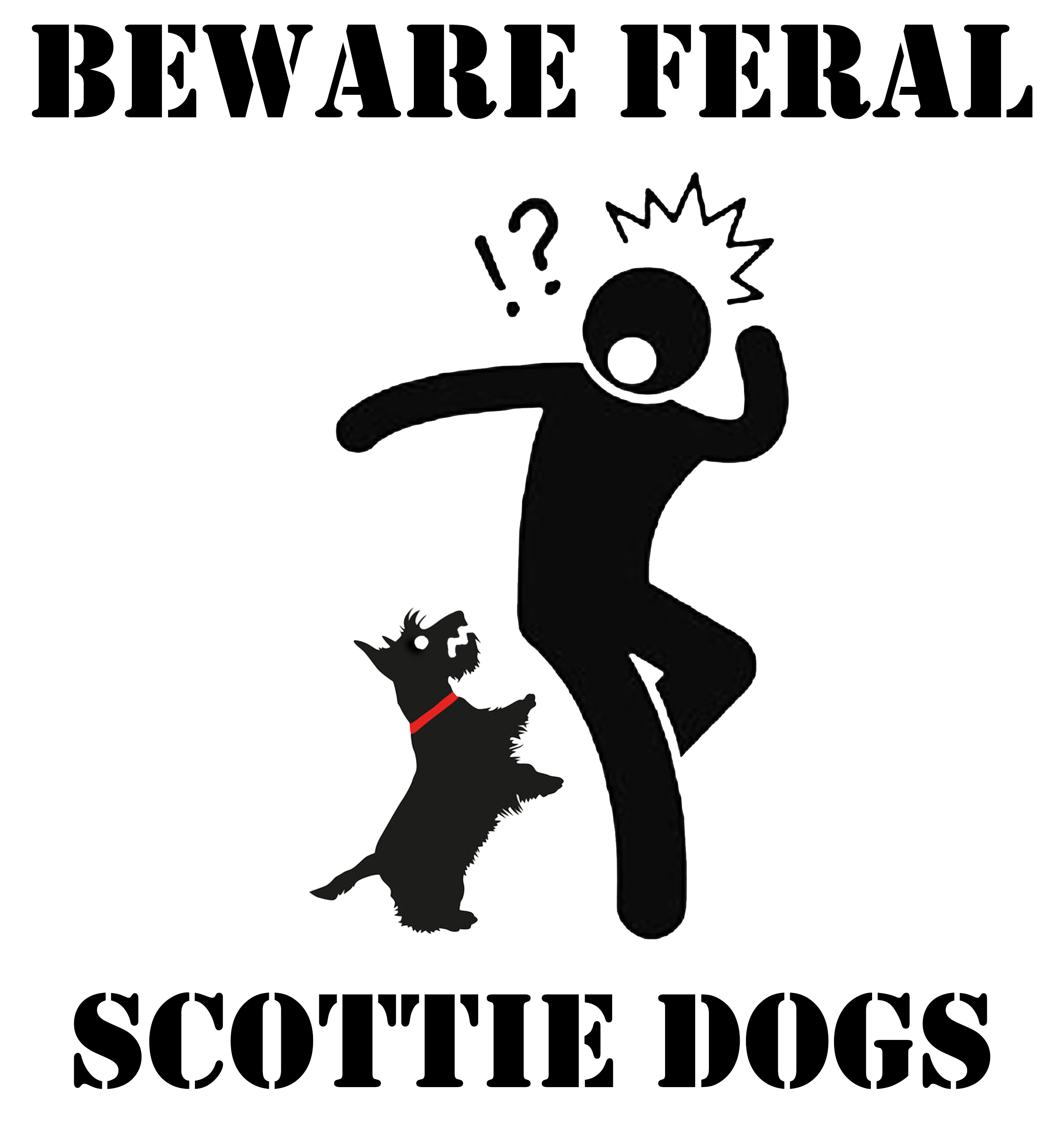 An illustration of a stick figure being attacked by the Scotty dog in the CMU logo, captioned "beware feral scottie dogs."