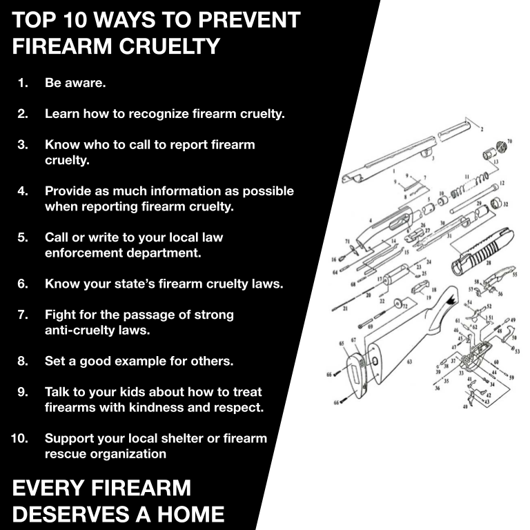 An infographic on the "top 10 ways to prevent firearm cruelty," advising how to treat firearms with kindness and respect. "Every firearm deserves a home."