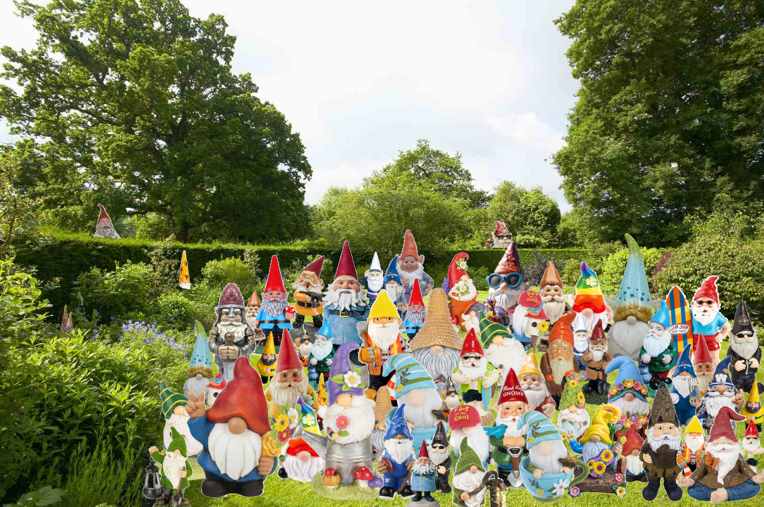 A photo of a lawn absolutely covered in lawn gnomes.