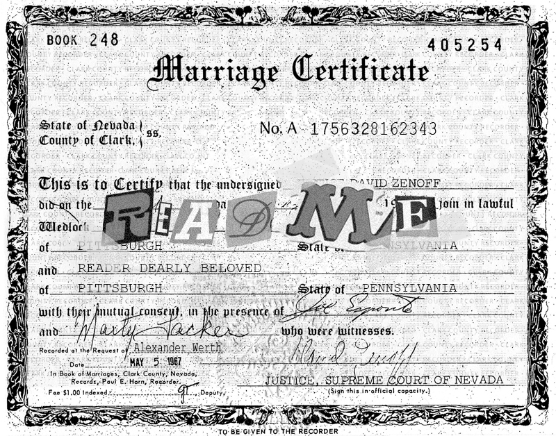 A marriage certificate for README. The name is filled in using pasted bits of cut-up newspaper.