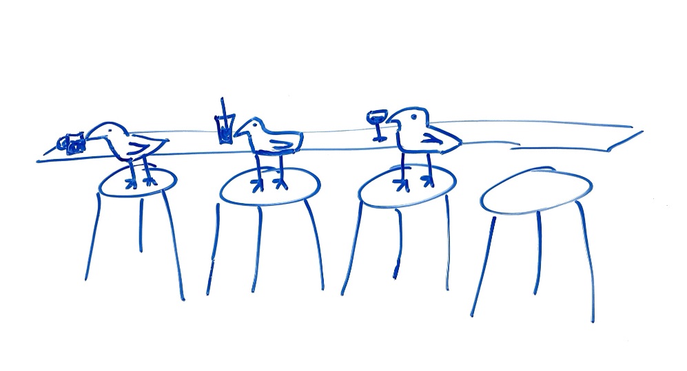 A sketch of three crows sitting at a bar with drinks.