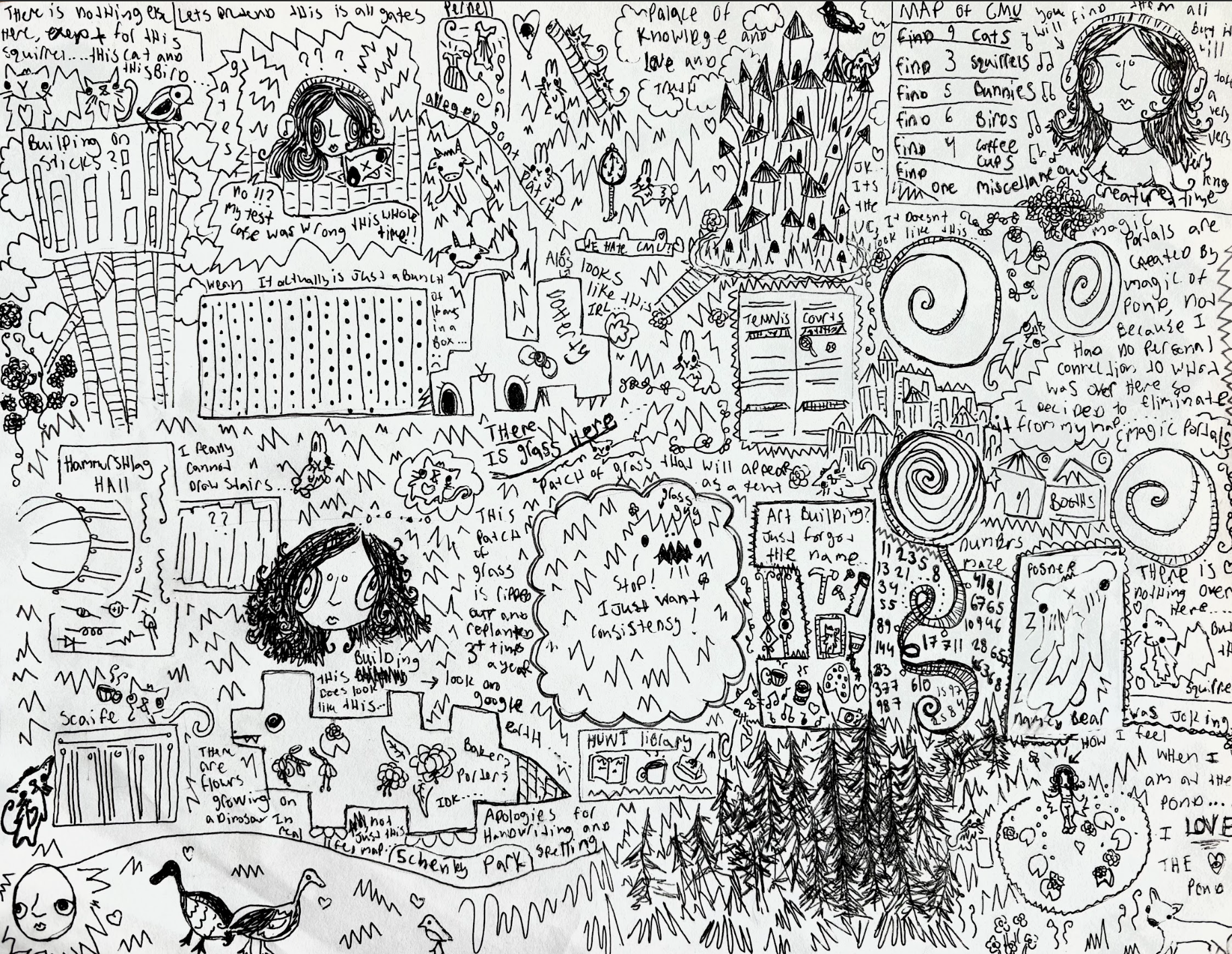 An intensely detailed hand-sketched map of CMU, interspersed with doodles and thoughts.