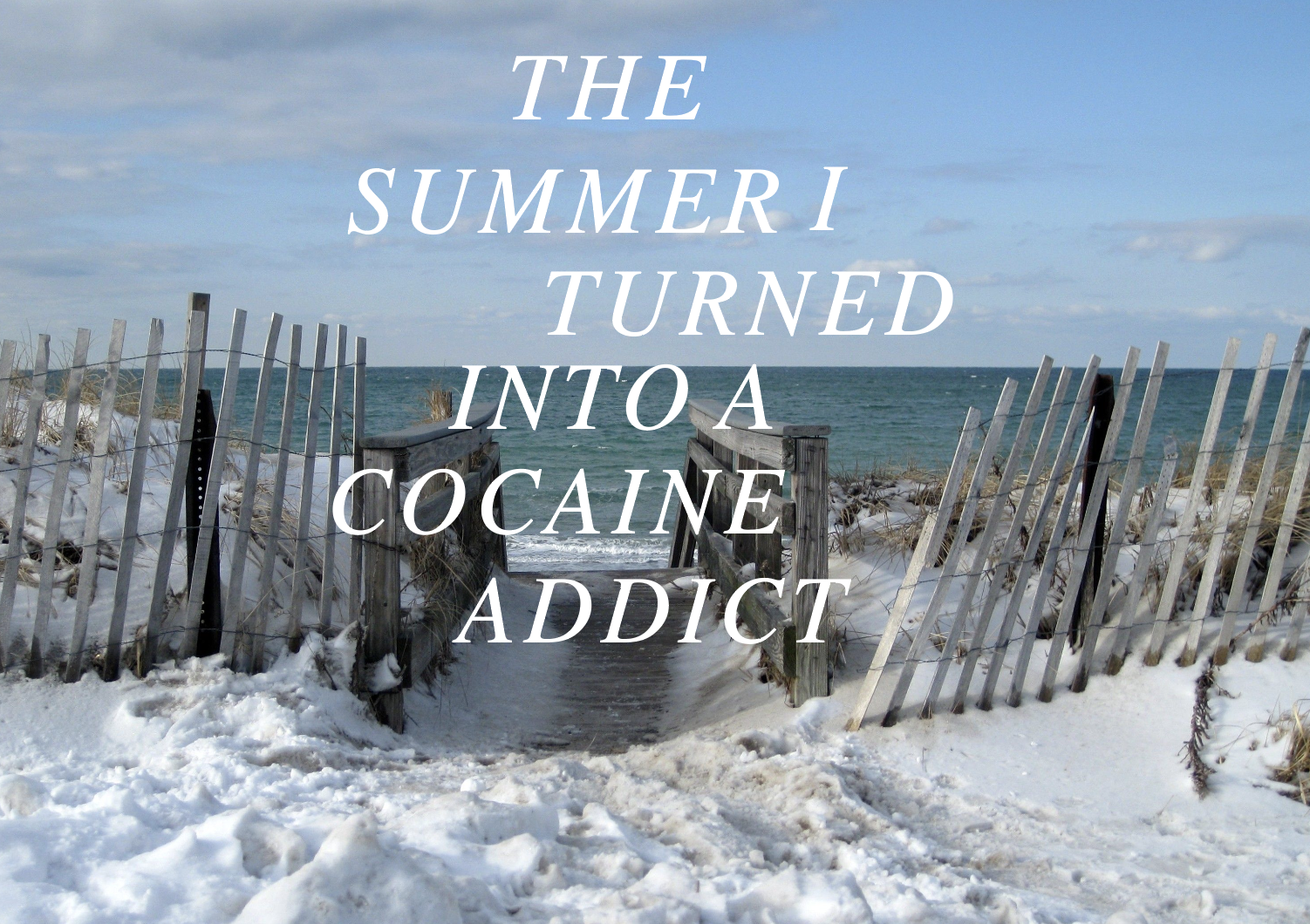 A picture of a white sand beach with the text "The Summer I Turned Into A Cocaine Addict" superimposed.