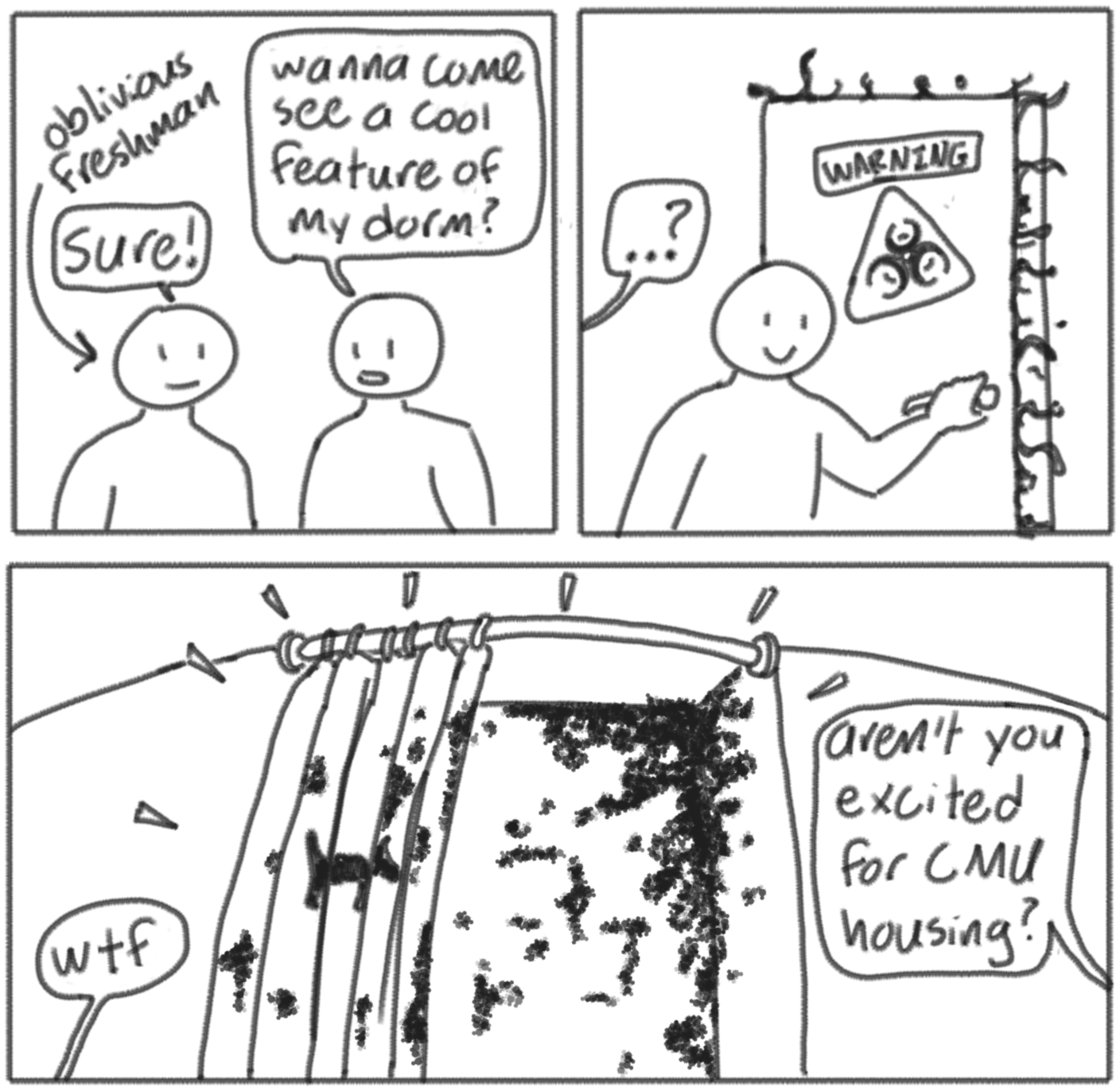 A 3-panel comic. In the first panel, one person says "wanna come see a cool feature of my dorm?". Another person labeled "oblivious freshman" says "sure!". in the second panel, the first person opens a door labeled with a biohazard sign, and the freshman is shown with a confused question-mark sign. The third panel depicts a shower curtain covered in black mold. The upperclassman asks "aren't you excited for CMU housing?", to which the freshman replies "wtf".