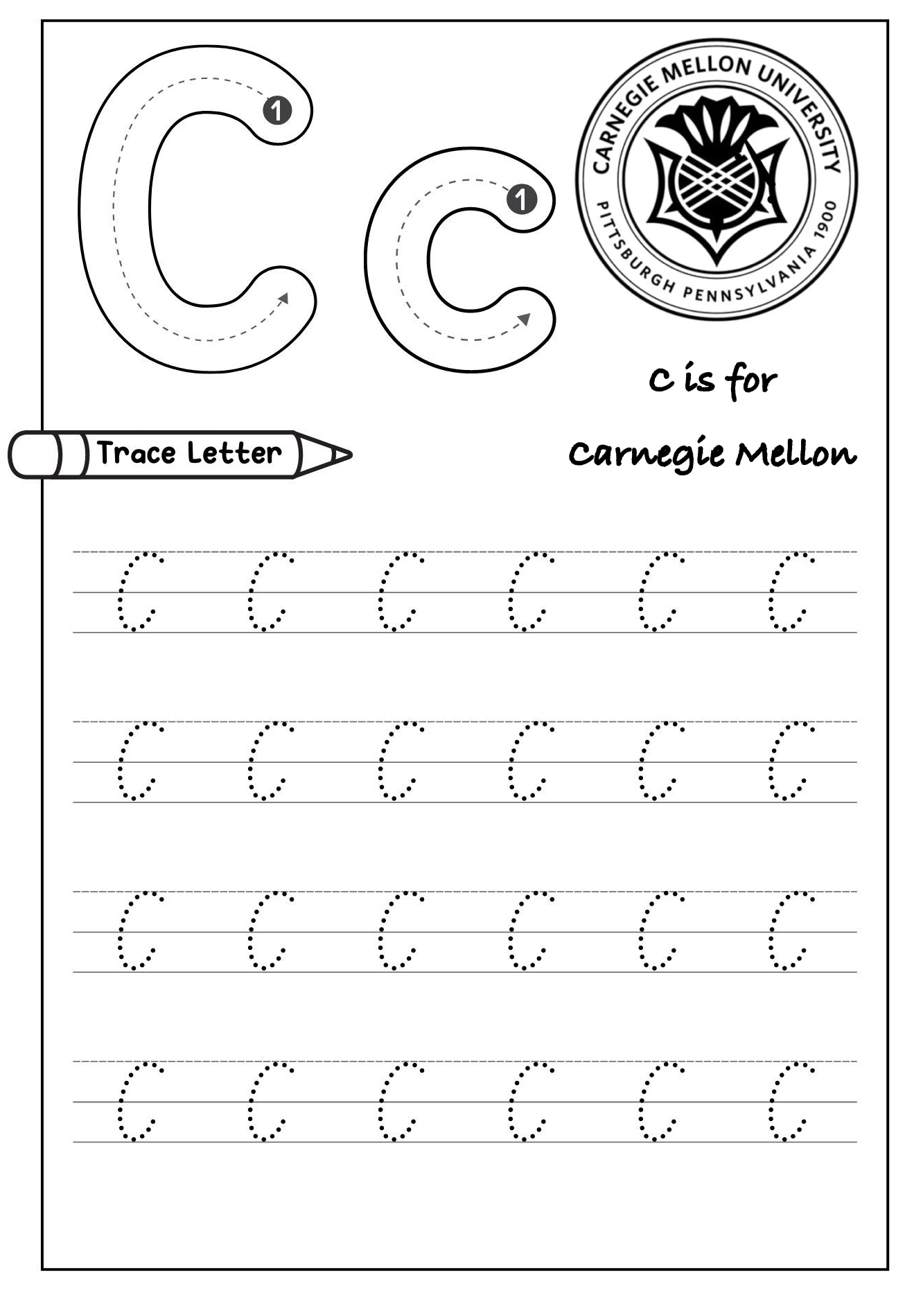 A handwriting worksheet for the letter C, labeled "C is for Carnegie Mellon", bearing the official CMU stamp.