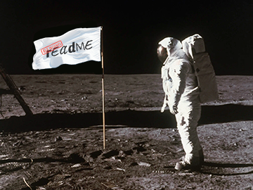 A photo of an astronaut on the moon next to a flag displaying readme's logo.