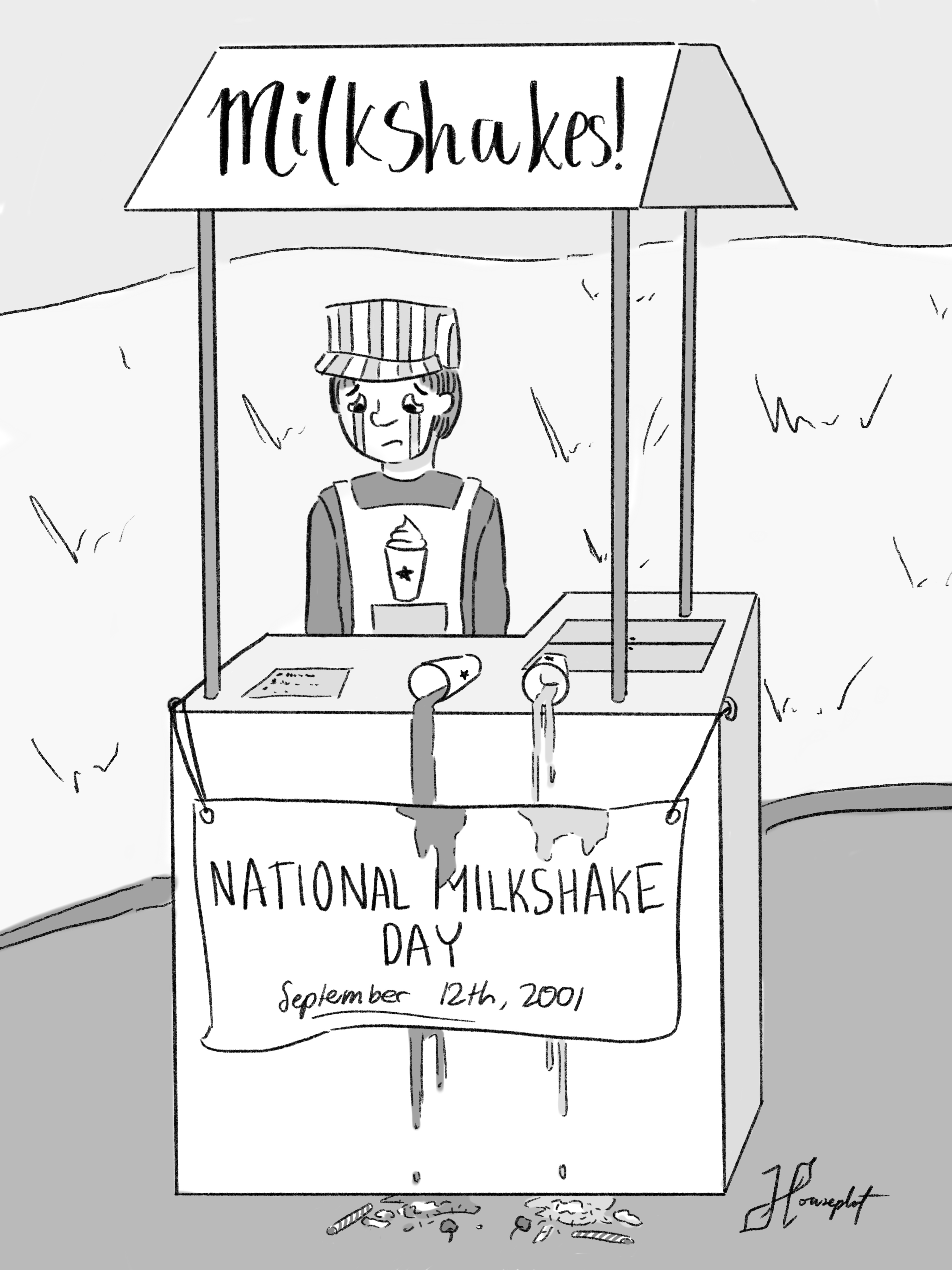 A sketch of a milkshake stand with no customers and two tipped-over milkshakes. The proprietor is crying. A sign states "National Milkshake Day, September 12th, 2001"