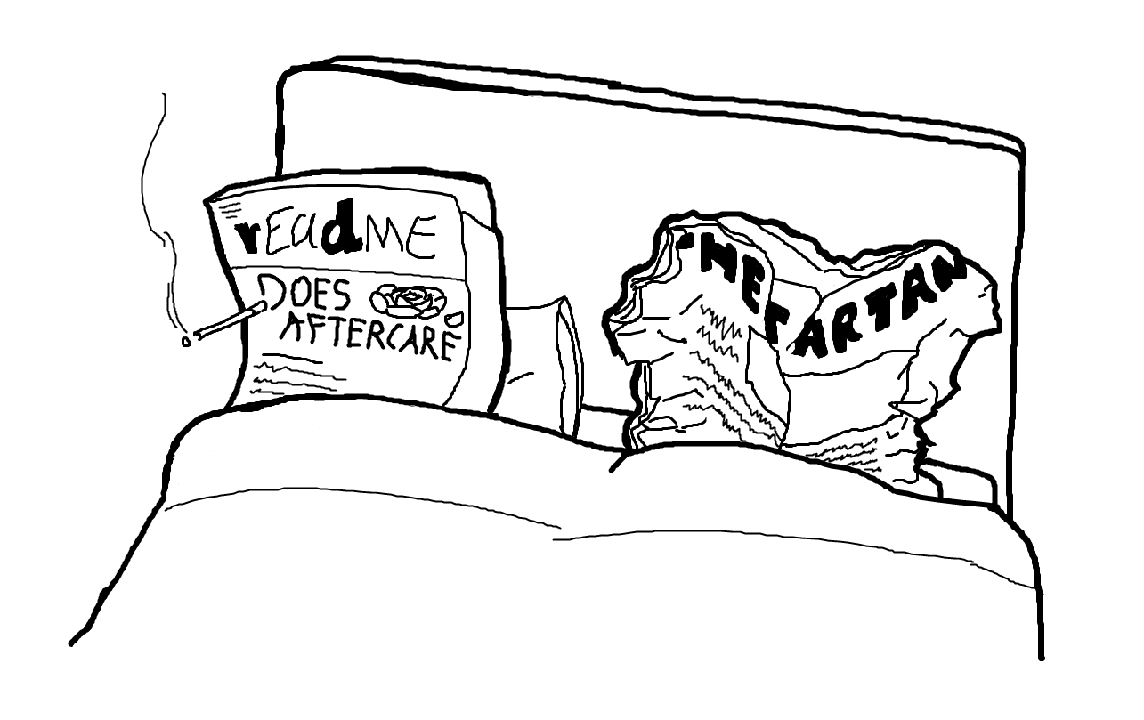 A sketch of a bed with a crumpled-up issue of readme and a crumpled-up issue of the Tartan. The readme issue is labeled "readme does aftercare," and it's smoking a cigarette.