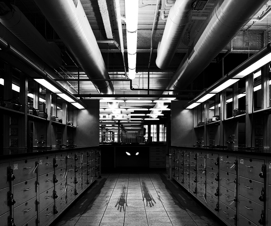 A dimly lit black-and-white photo of a corridor with a shadowy creature  running toward the camera.